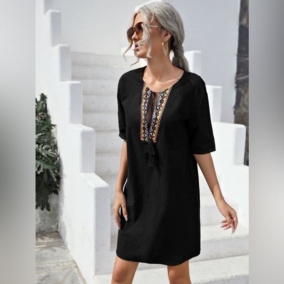 Black dress/ cover up with tassels and v neck design - Picture 1 of 8